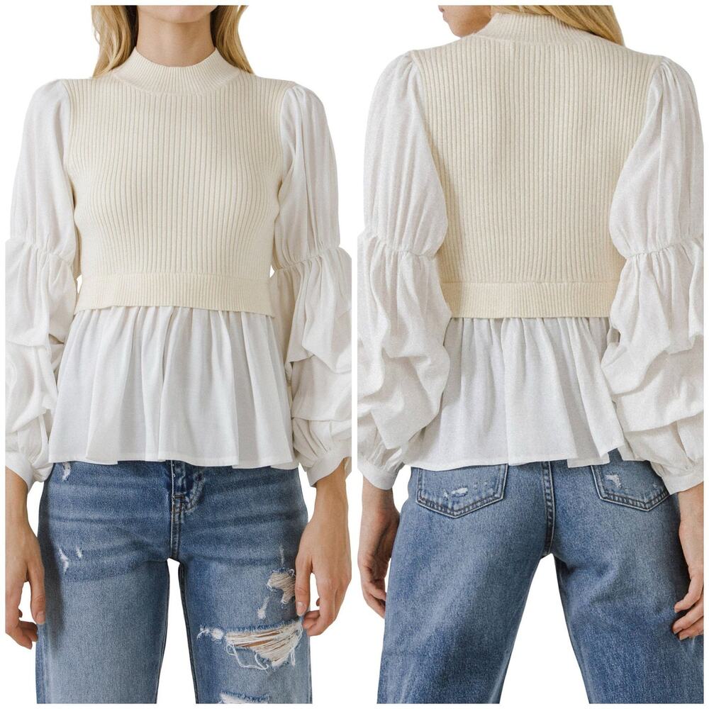 English Factory Ivory Knit Ruffle Sleeve Peplum Top Size M